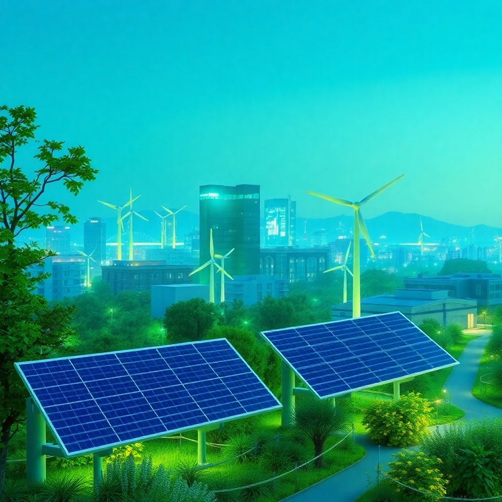 Visualize a green cityscape powered by renewable energy sources, such as solar panels and wind turbines. The lighting should be natural and inviting, emphasizing environmental responsibility. The color palette should be predominantly green and blue, representing sustainability and eco-friendliness.