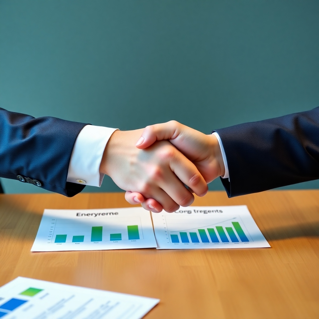 Visualize a handshake over a table with energy contracts and rate charts. The lighting should be professional and trustworthy, emphasizing negotiation and agreement. The color palette should be blues and greens, representing energy efficiency and financial savings.