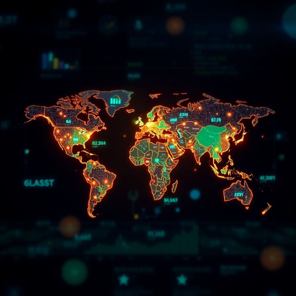Visualize a world map with glowing data points representing energy markets and trends. The lighting is futuristic and informative, emphasizing data analysis and global connectivity. The color palette is vibrant and energetic, with blues, greens, and oranges representing different energy sources and market trends.