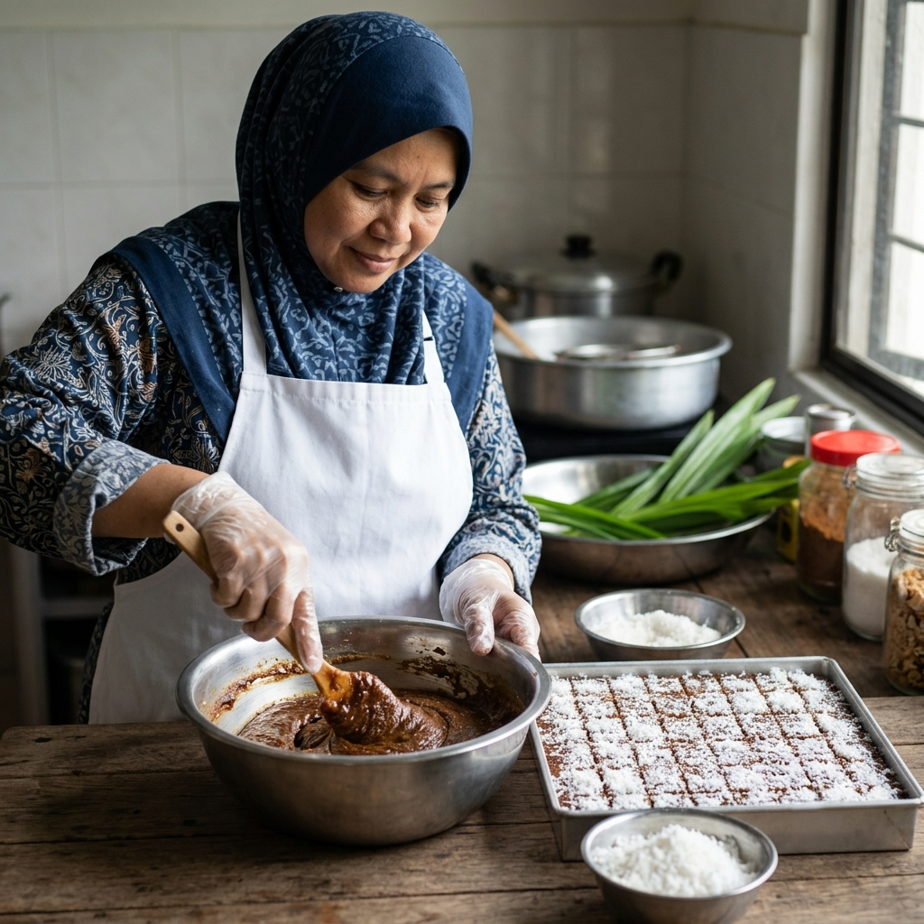 Hands plating kueh on banana leaf
