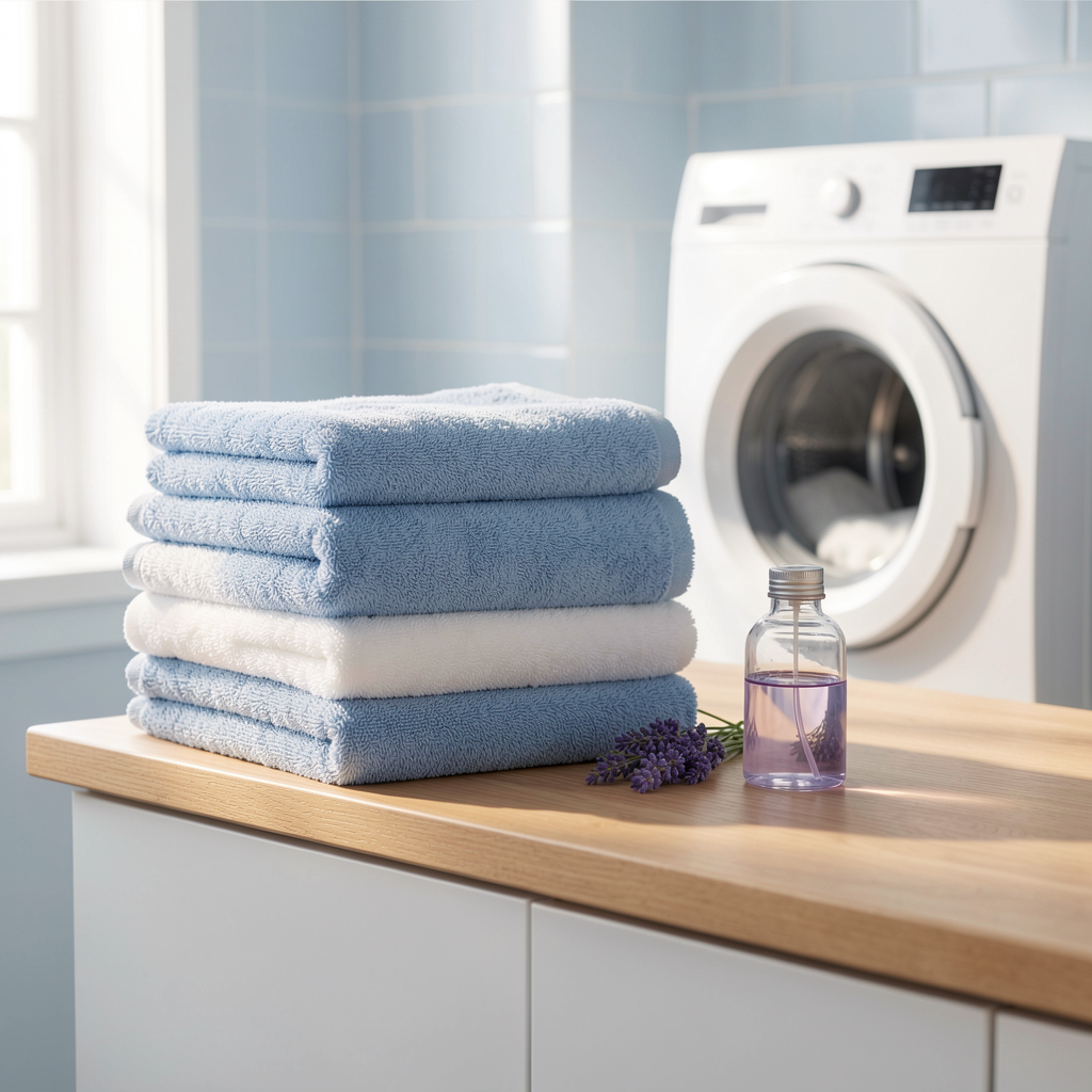 Folded blue and white towels beside a washing machine