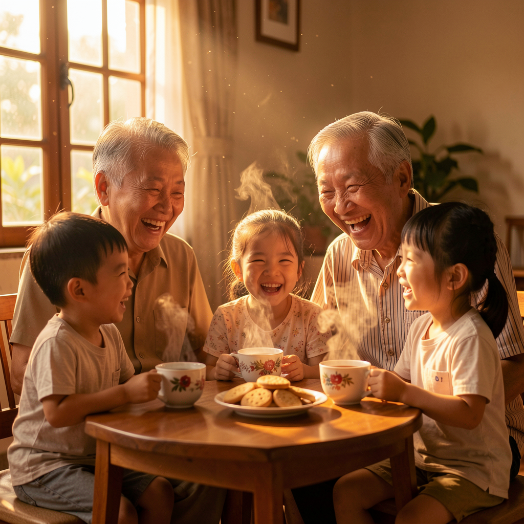 Grandparents laughing with grandchildren