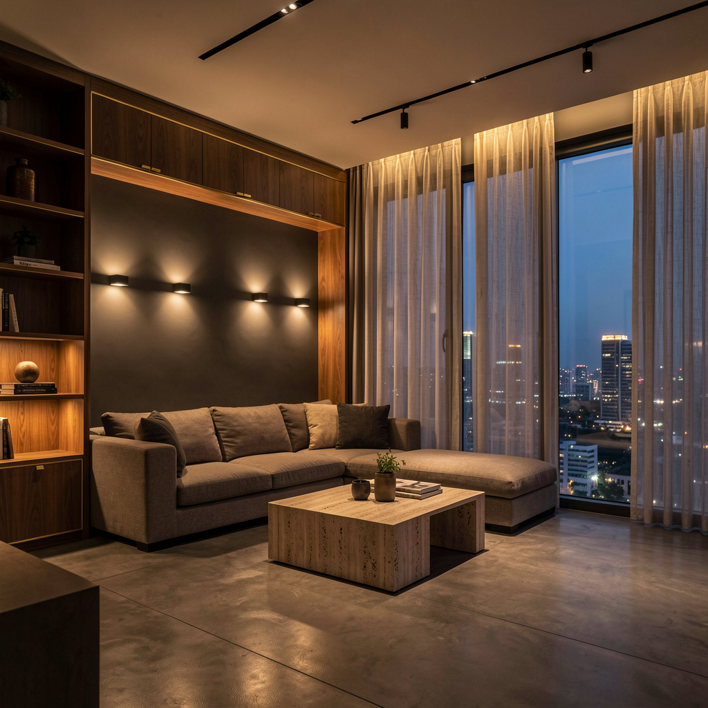 Luxurious modern Singapore interior at twilight