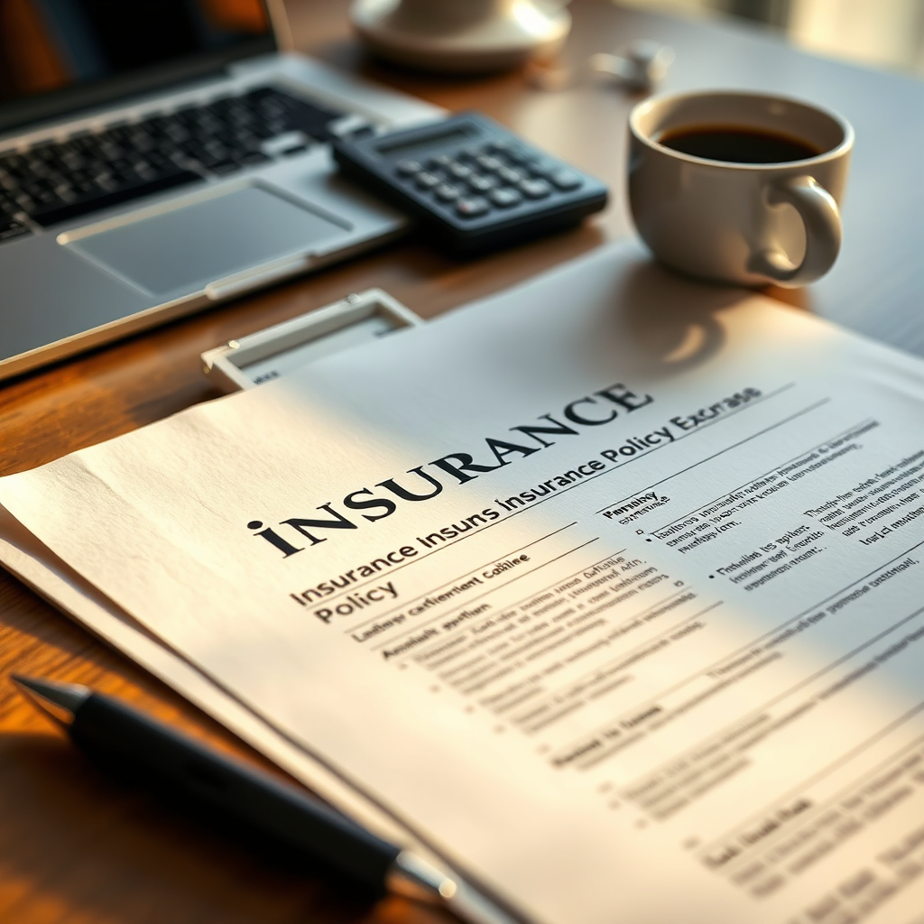 A close-up shot of an insurance policy document on a desk, surrounded by a laptop, calculator, and a cup of coffee. The lighting is soft and warm, creating a cozy and professional atmosphere. The color palette features earth tones with hints of yellow to convey optimism. The texture of the paper gives a tactile feel, symbolizing solidity and trust. This image should represent the personalized approach of iDrive in offering tailored policies.
