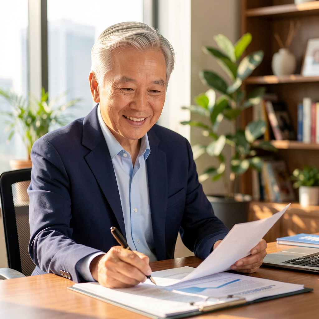 Senior HR professional reviewing documents