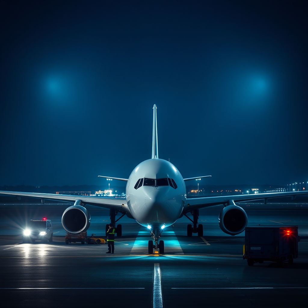 Cargo aircraft on tarmac at night with ground crew
