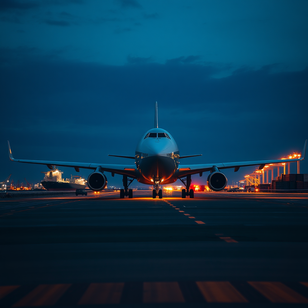 Cargo aircraft on runway with container ship in background