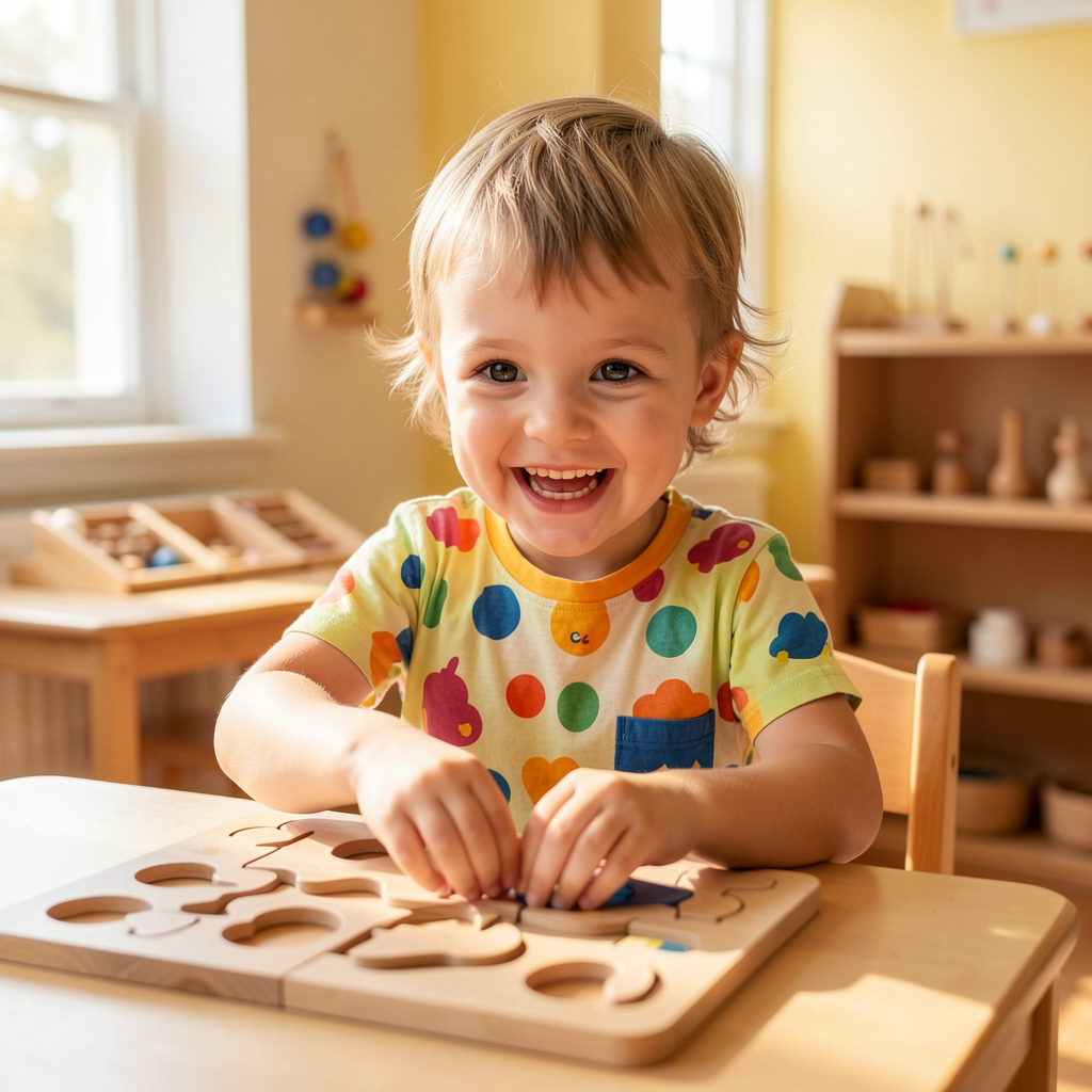 Happy child learning with Montessori materials