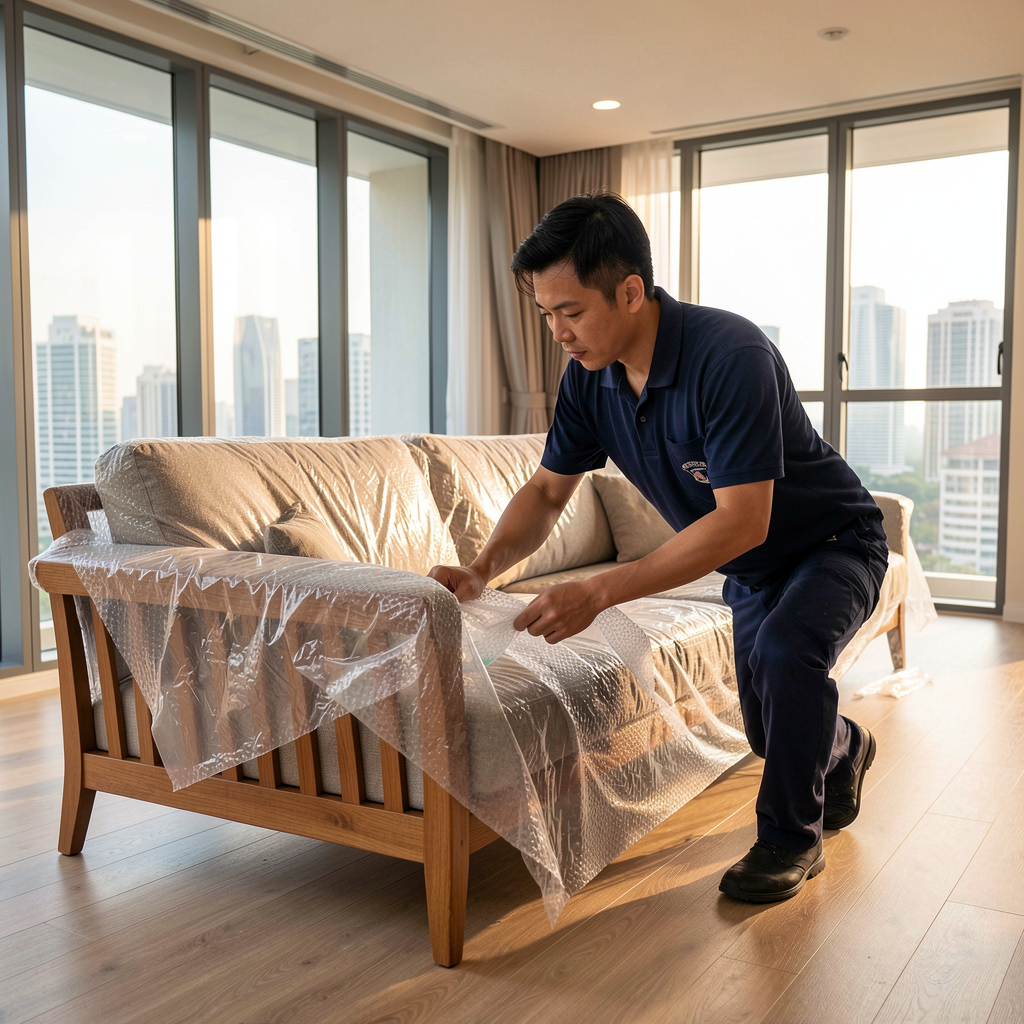 Professional mover wrapping furniture in a Singapore condo