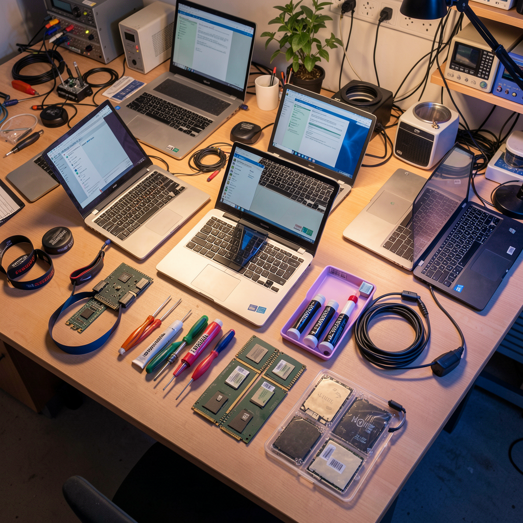 PC Clinic technician workbench with laptops and tools