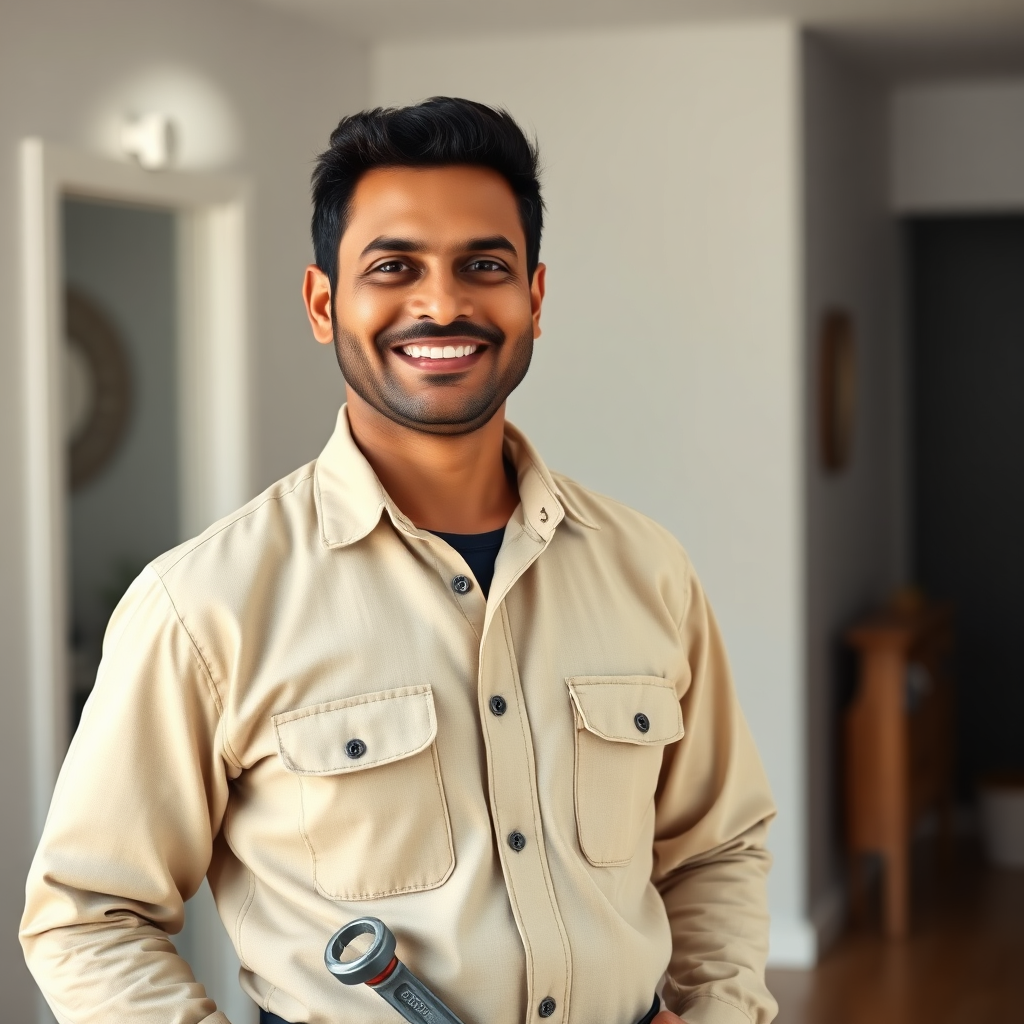 Professional Indian plumber smiling