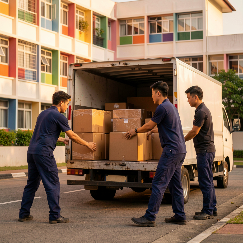 Singapore movers loading cartons into a moving truck at an HDB block