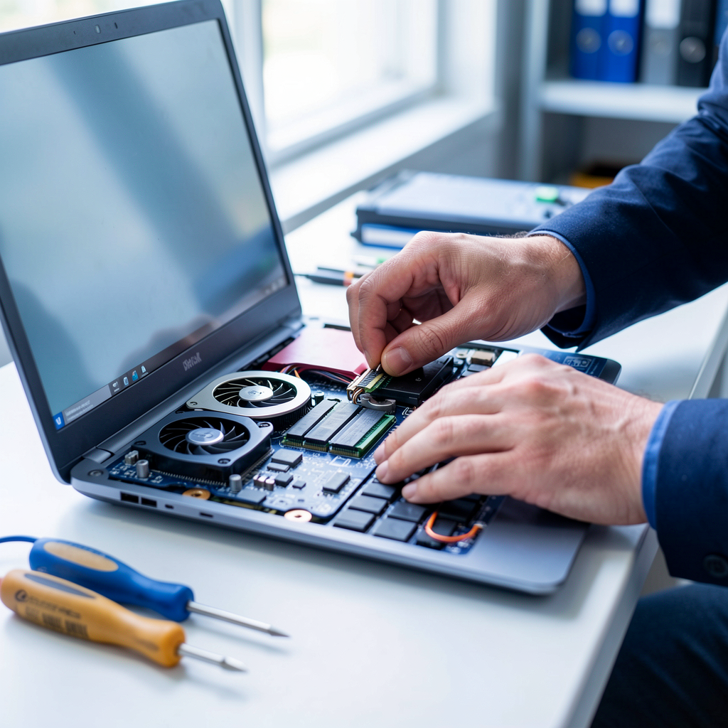 Computer technician repairing laptop