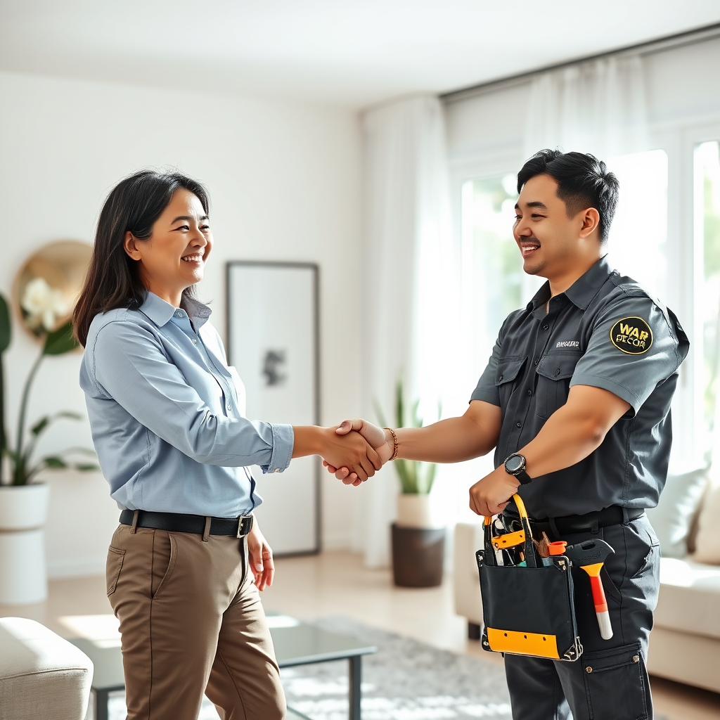 Happy customer shaking hands with technician