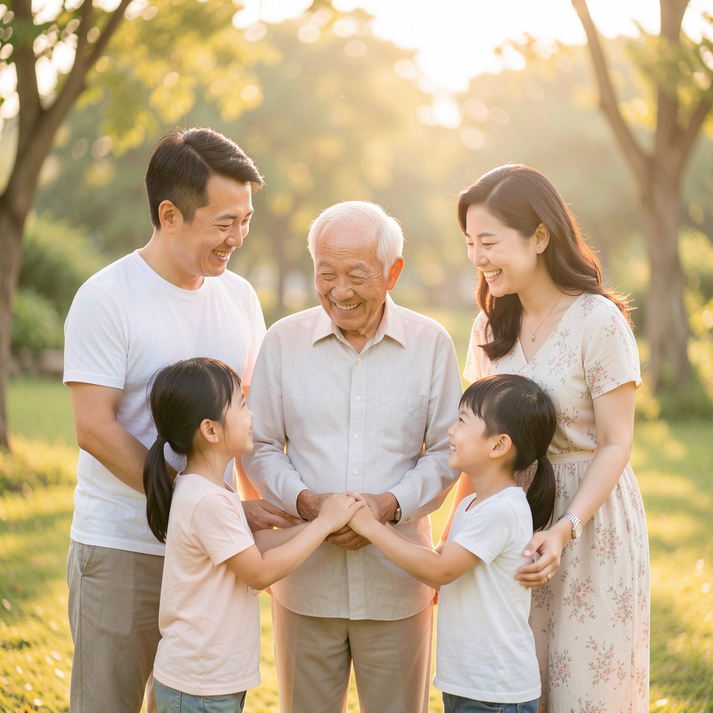 Happy Asian multigenerational family - husband, wife, children, and elderly father holding hands together