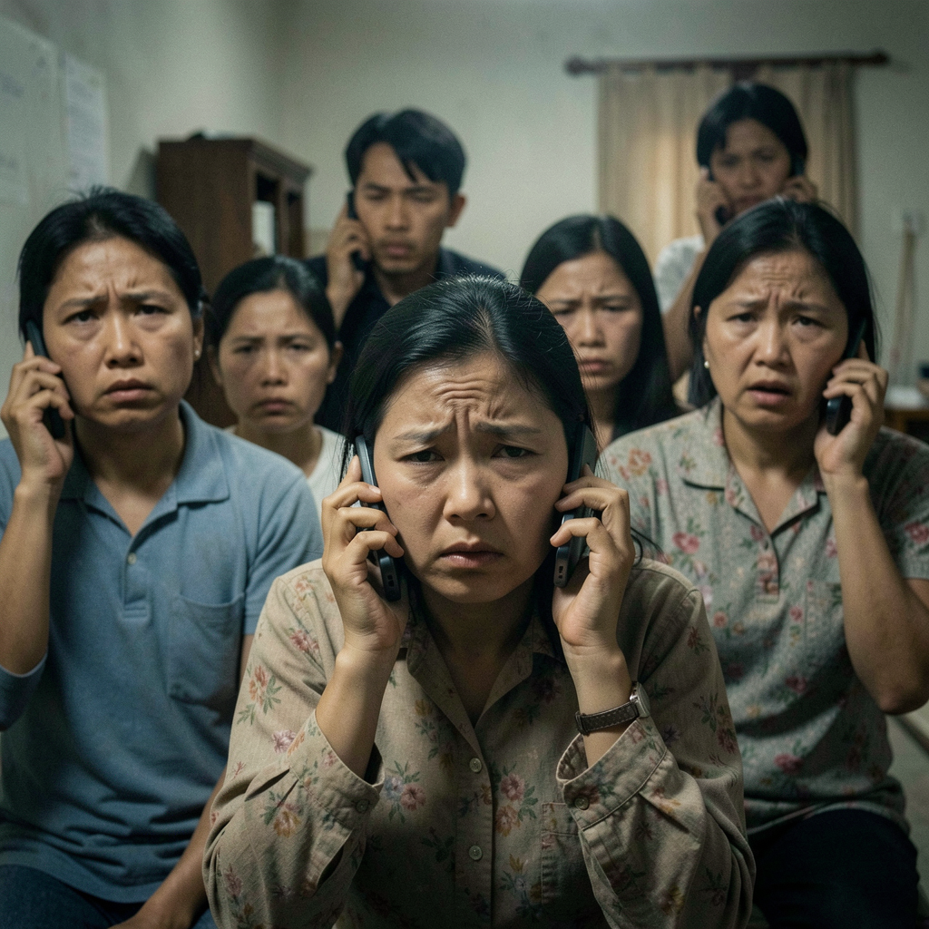 Asian family confused and sad making phone calls