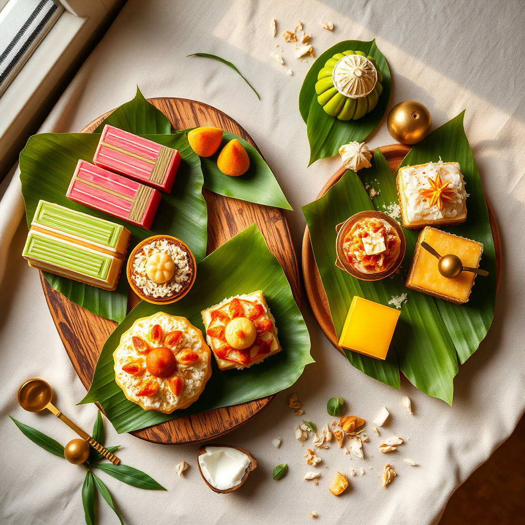 Assortment of colourful traditional Malay kueh on wooden trays with banana leaves