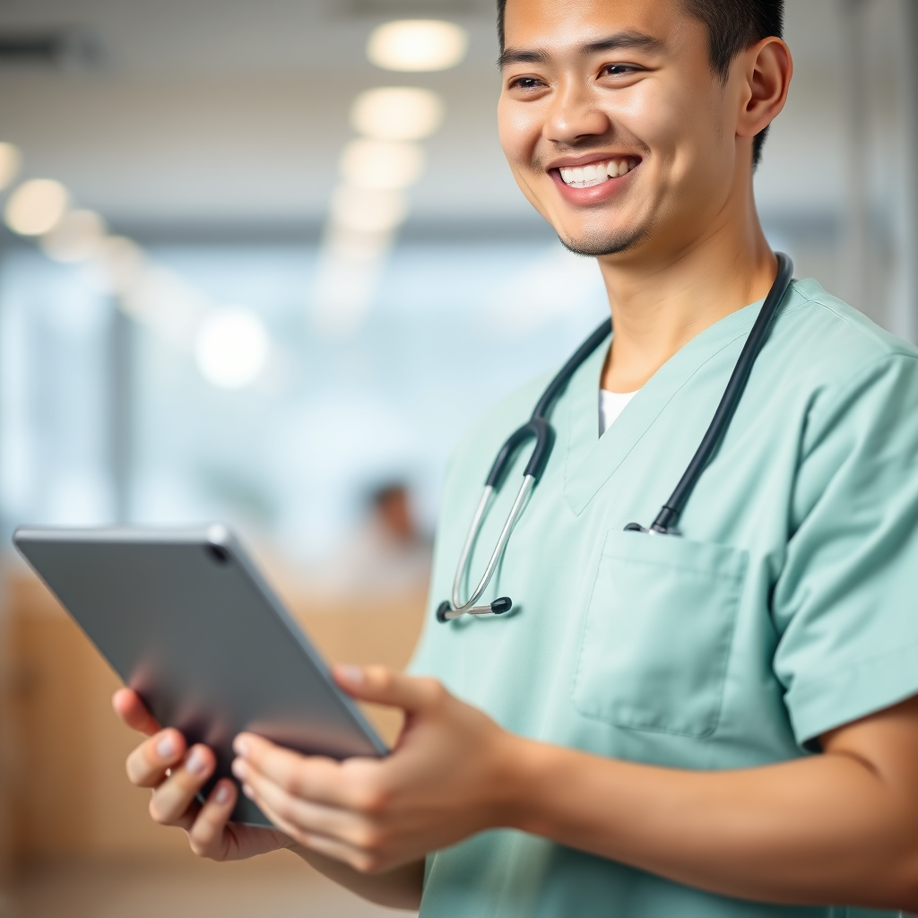 Asian male nurse with tablet