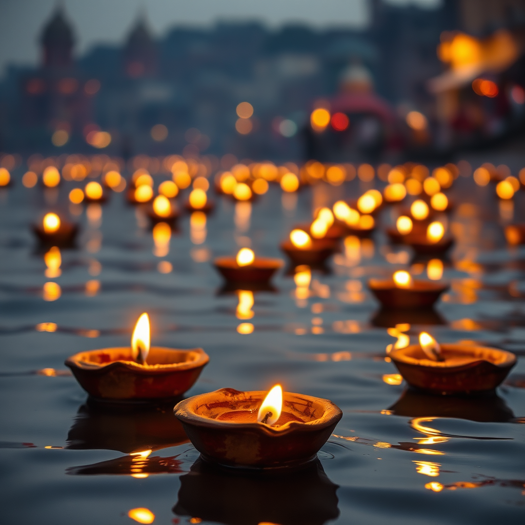 Sacred prayers with diyas on the Ganges.