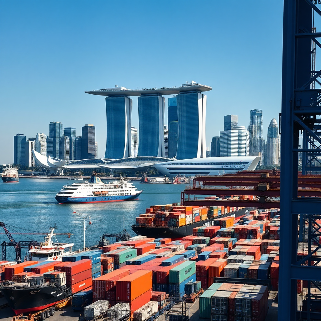 Singapore skyline with Marina Bay Sands and logistics operations