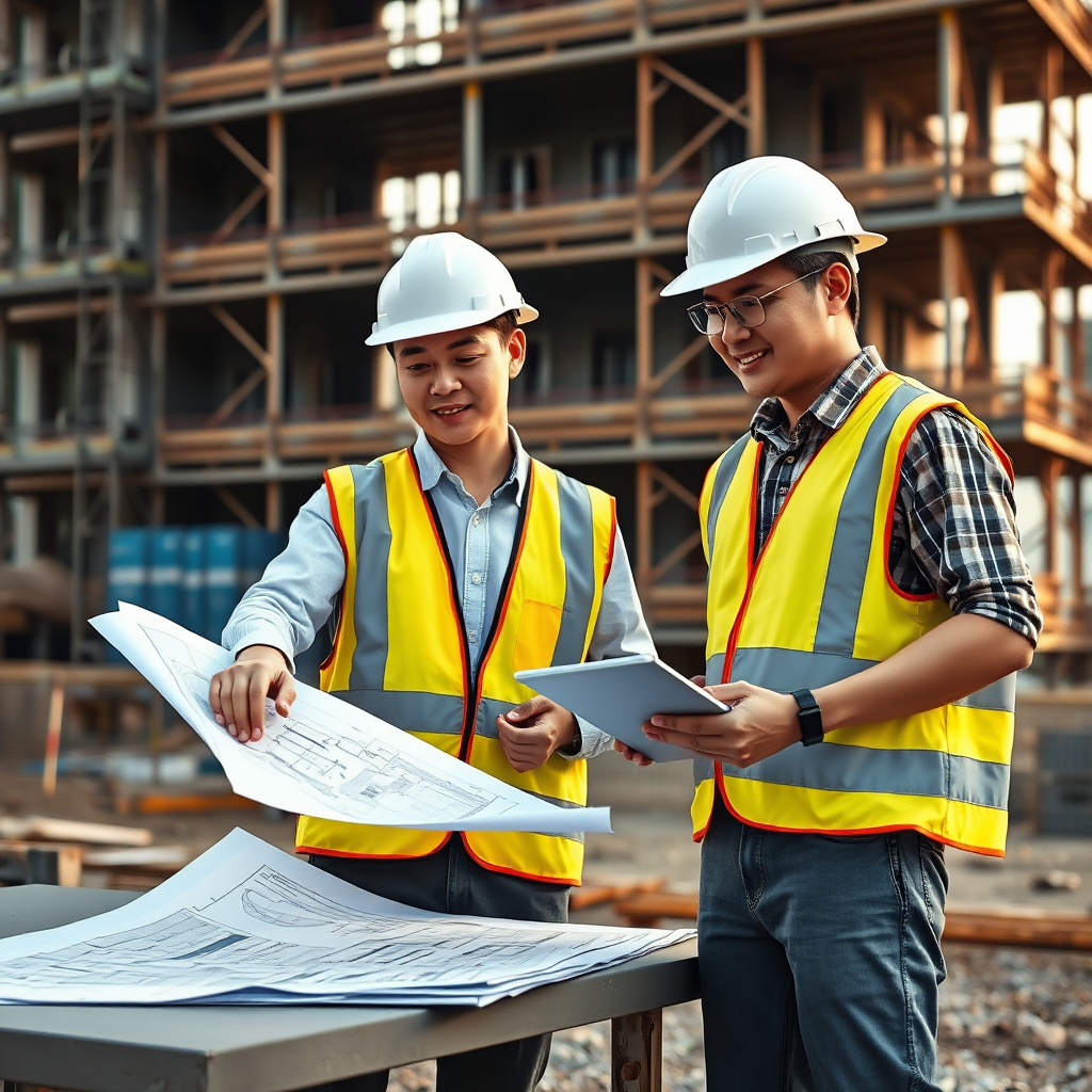 BL Construction engineers reviewing blueprints on site