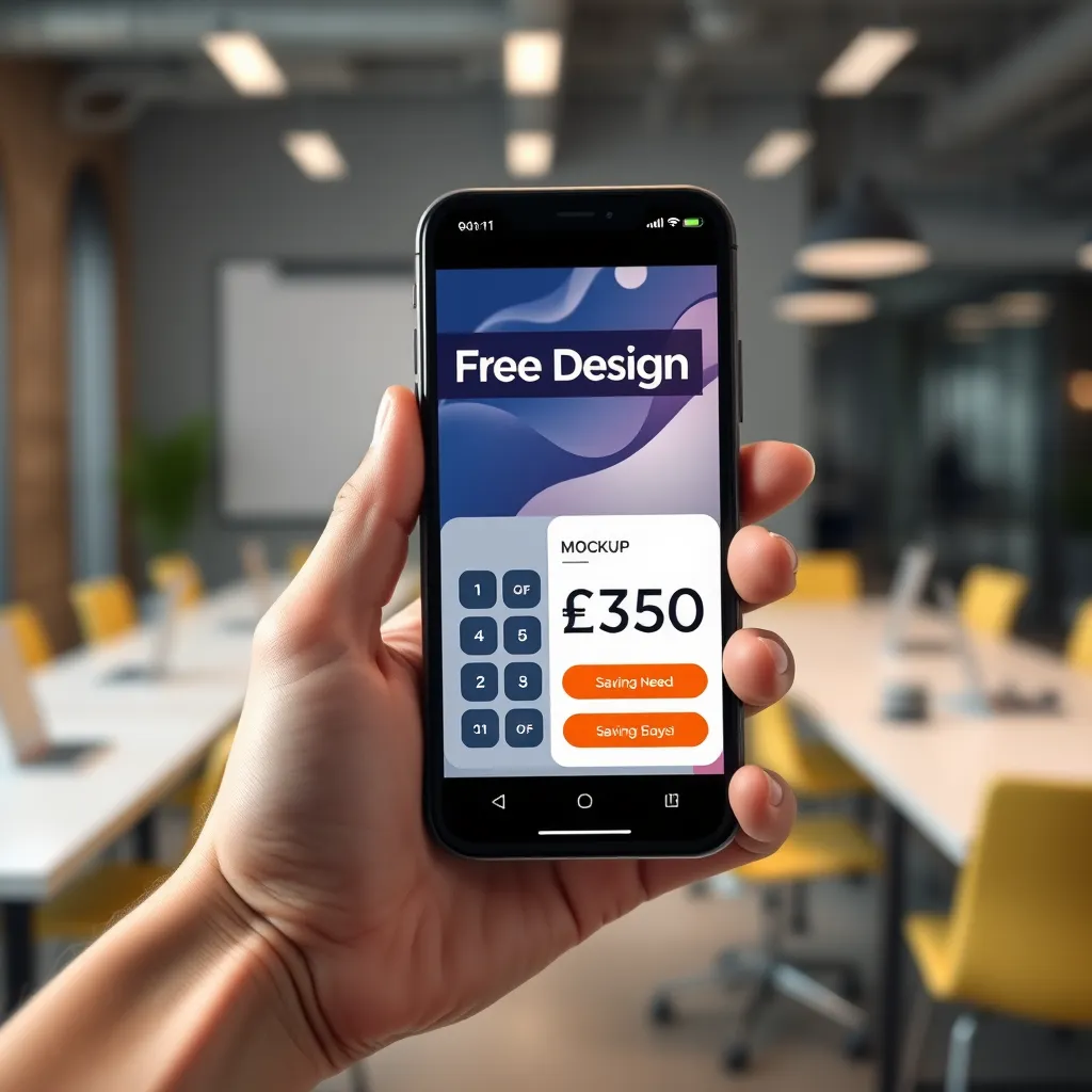 A close-up shot of a hand holding a smartphone displaying a website mockup, with a large 'Free Design' banner on the screen, and a calculator showing a £350 saving next to it. The background should be a modern office setting.