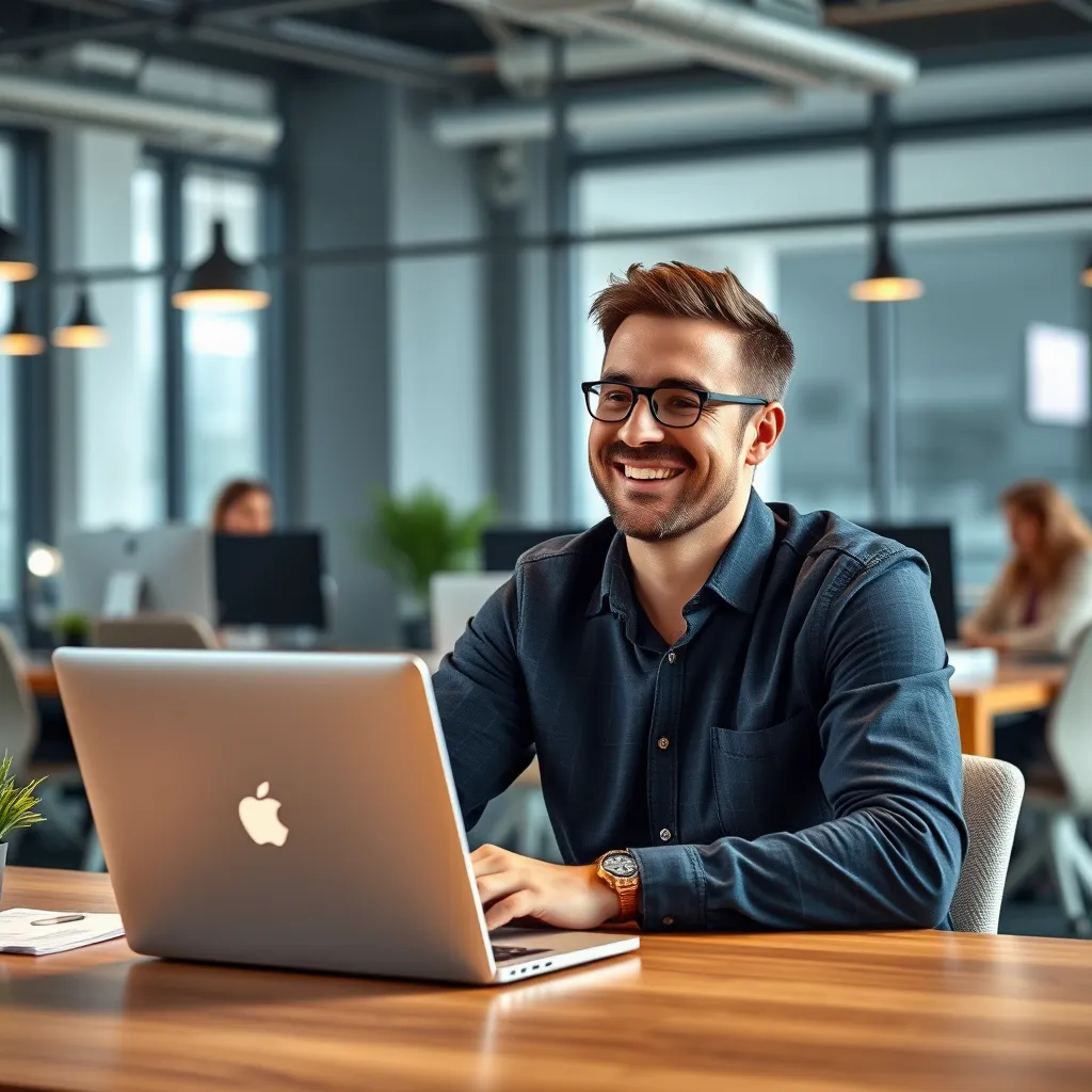 A person sitting at a desk, smiling and looking at a laptop. They are clearly happy and excited about their new website. In the background, there are other people working in an office, representing a team of professionals. The overall atmosphere should be positive and encouraging.