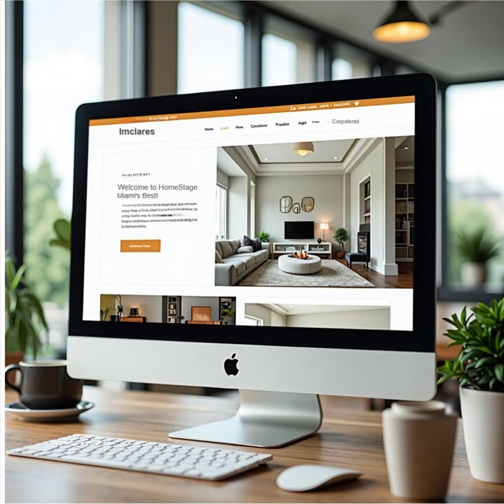 A photorealistic image of a modern, minimalist website layout with engaging visuals and easy navigation, showcasing a high-quality design. The background should be a blur of a modern office space with a team of professionals working together.