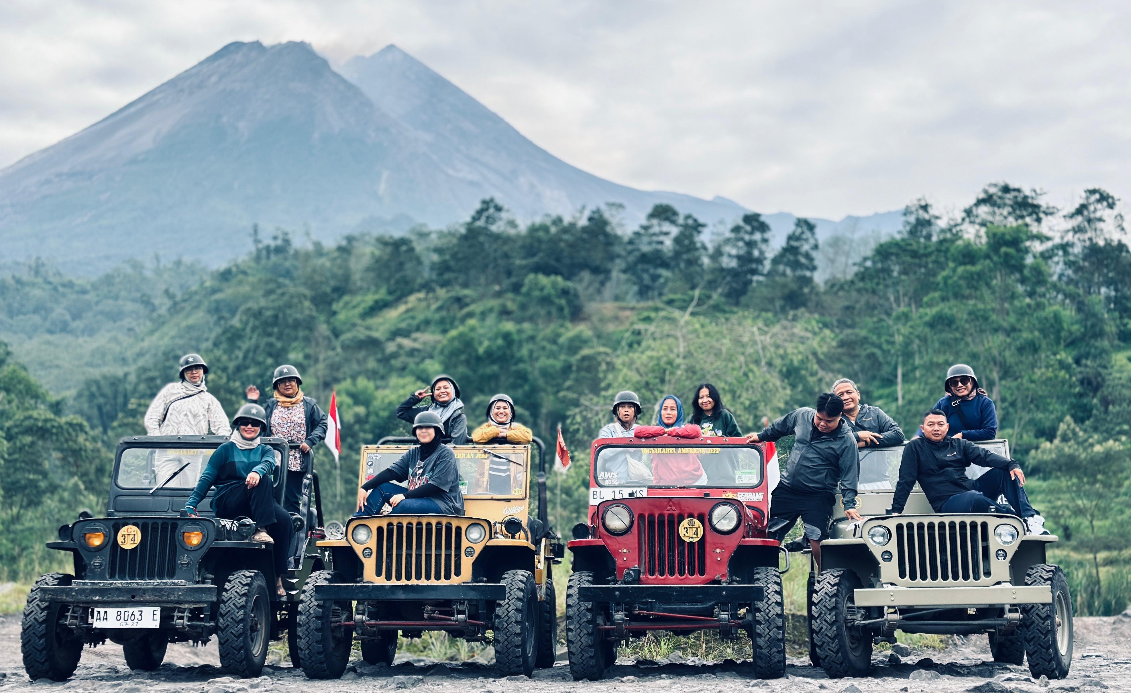A nostalgic image showing a group of friends reminiscing and laughing after a thrilling Jeep tour at Mount Merapi. The scene captures them with their arms around each other, smiling and joyful against the backdrop of the beautiful volcano. The lighting should be warm and inviting, evoking a sense of camaraderie. Elements like their cameras and adventure gear could be included to signify the journey. Aim for a photorealistic style that evokes emotions and captures the essence of shared experiences.