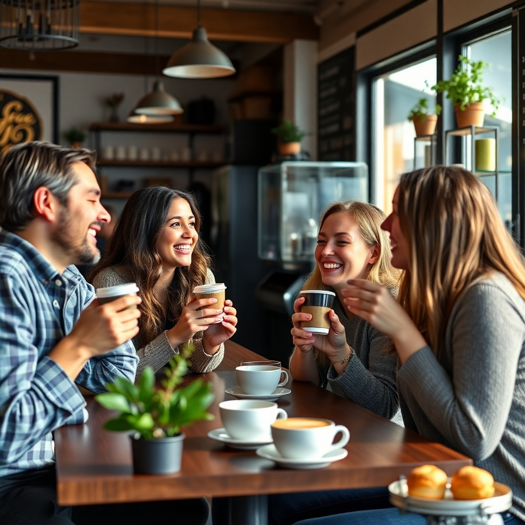 Create a candid image of customers enjoying coffee at a local roastery. The scene should show a group of friends laughing and sharing moments, with coffee cups in hand. Natural light should illuminate their faces, creating a joyful atmosphere. Include elements like rustic decor, plants, and freshly baked pastries in the environment. A photorealistic style is desired for an authentic coffee shop vibe.