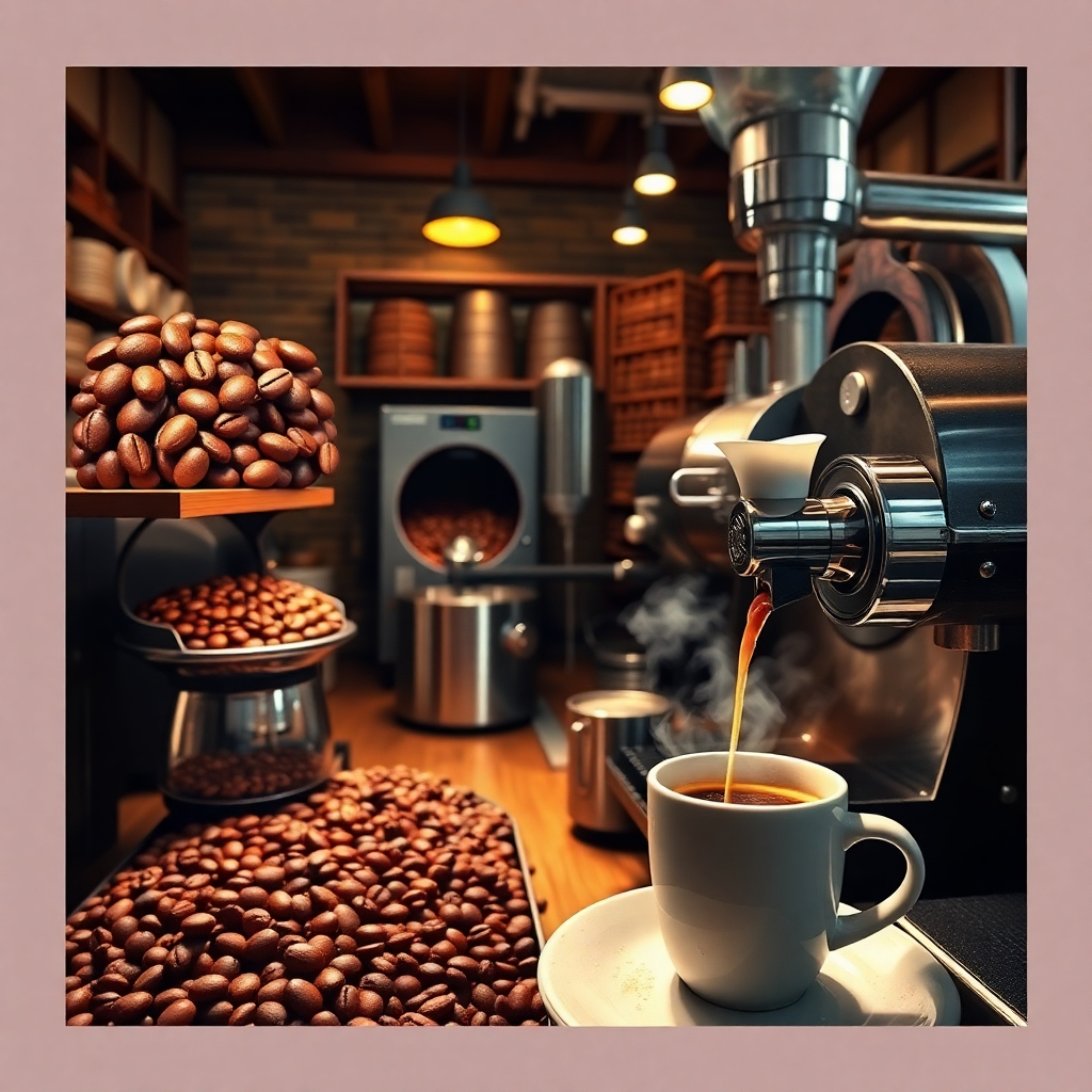 Create a detailed image showing the coffee roasting process. This should include stages like selecting raw beans, the roasting process in progress, and finally, coffee being poured into a cup. The environment should reflect a cozy and professional roastery with wooden accents and stainless steel machines. Lighting should highlight the beans and the coffee steam, creating an inviting atmosphere. Aim for a photorealistic style that captures the warmth and essence of coffee roasting.