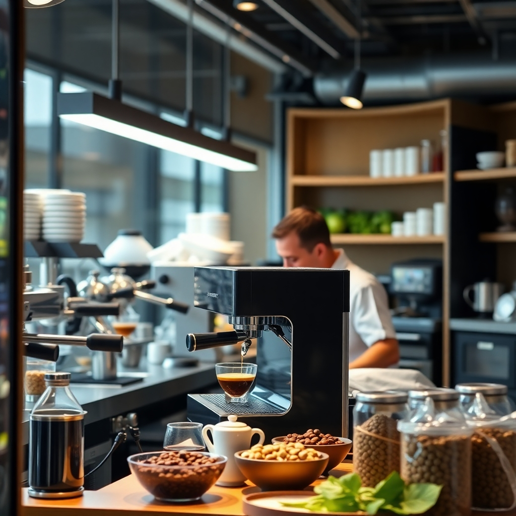 Create a visual showing a modern coffee processing area with high-tech machines. The focus should be on a barista using a state-of-the-art espresso machine, surrounded by fresh ingredients. The lighting should be bright and inviting, emphasizing the craftsmanship involved in coffee making. Use a clean and contemporary style, ensuring the image is photorealistic and high quality.