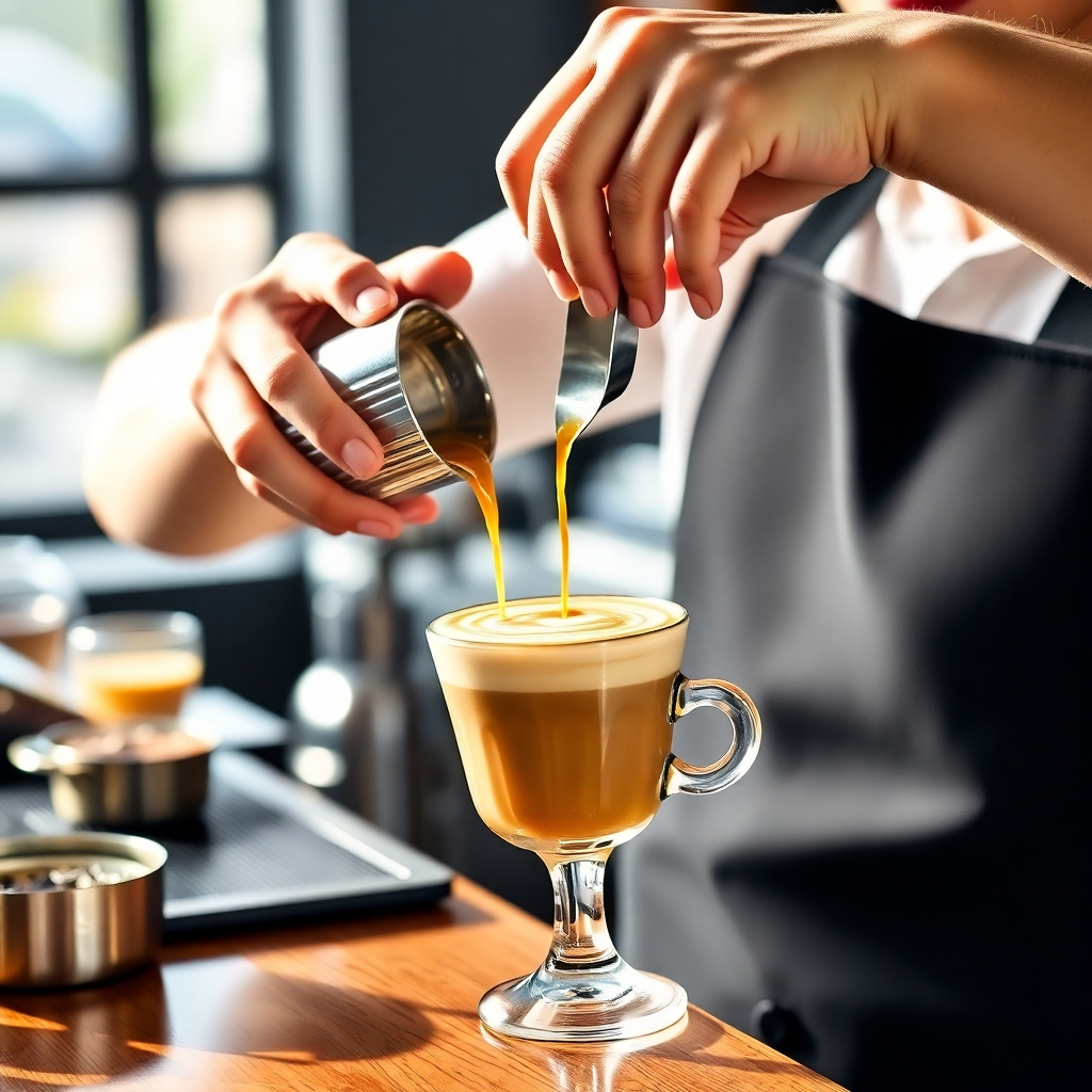 Create a visually appealing image of a barista preparing a specialty coffee drink. The focus should be on the intricate pouring technique involved in making latte art, with the barista's hands prominently featured. Use bright, natural lighting to highlight the freshness and quality of the coffee. The environment should reflect a stylish coffee shop setting, promoting the artistry involved in coffee preparation.