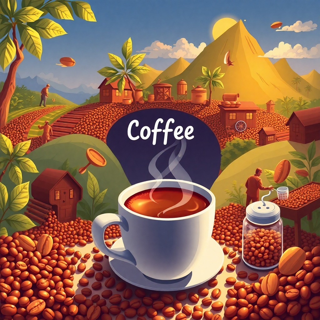Create an illustrative image depicting the entire journey of coffee from bean to cup. The composition should include scenes of coffee farming, roasting, and brewing. The lighting should be bright and uplifting, showcasing each phase in a beautiful way. Consider a vibrant color palette that reflects the different stages. The style should be a mix of photorealism and slight artistic elements, capturing the essence of coffee's journey.