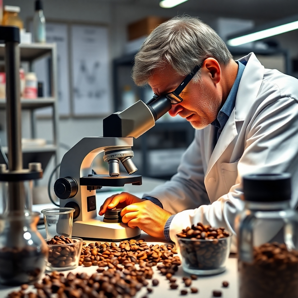 Create an image showing a coffee researcher in a lab environment, examining coffee beans under a microscope. The setup should include various equipment, research notes, and coffee samples. Bright lighting should illuminate the workspace, capturing the essence of scientific inquiry into coffee. The style should be photorealistic, emphasizing the seriousness and dedication towards enhancing coffee quality.