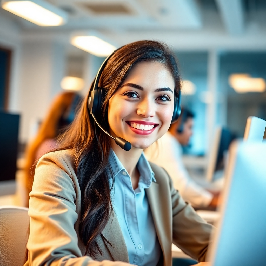 Depict a friendly customer support team ready to assist clients. The image should show a cheerful professional on the phone, with a headset, working in a modern office with customer service elements like headsets and computers in the background. Use warm, inviting lighting to create a supportive atmosphere. The color palette should consist of soft blues and whites. The camera angle should be slightly angled to capture both the professional and the environment, aiming for engaging and high-quality representation.