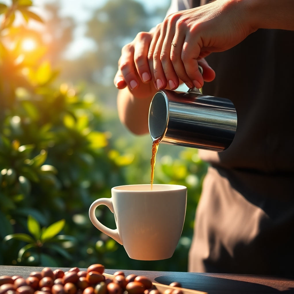 Illustrate a photorealistic image that embodies the essence of coffee roasting. The scene should depict a barista carefully pouring freshly brewed coffee into a cup, with a backdrop of green coffee plants. The lighting should be natural, simulating early morning sunlight. Use a vibrant color palette of greens, browns, and golds. The camera angle should be at eye level to create an intimate connection with the viewer. Texture details should include the smooth surface of the cup and the delicate steam rising from the coffee. Aim for a high-quality image in 4K resolution.