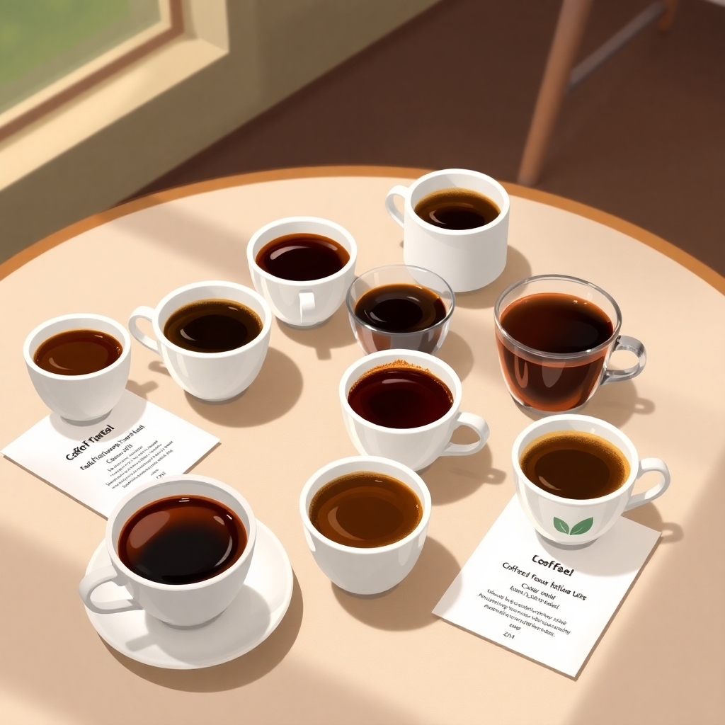 Illustrate a serene coffee tasting setup with various types of brewed coffee arranged elegantly on a table. Each cup should be accompanied by flavor notes. Soft, natural lighting should enhance the richness of the coffee. Aim for a stylized but photorealistic image that draws attention to the exquisite experience of tasting coffee.