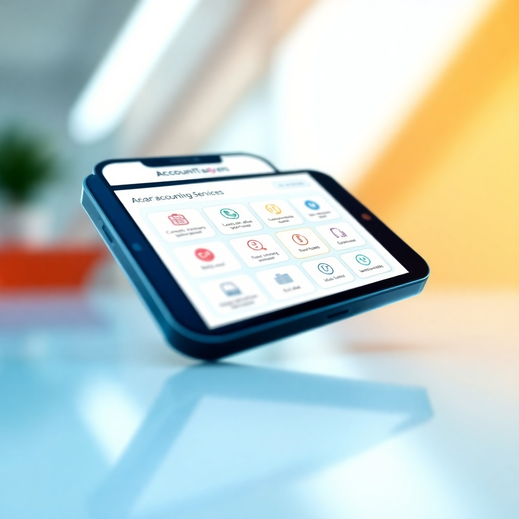 Illustrate a user-friendly interface of a digital platform showcasing various accounting services. Focus on a smartphone displaying the services offered by Akurat Accounting Services. The lighting should be bright, emphasizing clarity and ease of navigation. Use a colorful palette with shades of blue and white for a sleek and modern look, ensuring the design is intuitive. Capture the scene from a close-up angle, aiming for photorealistic quality that conveys accessibility.