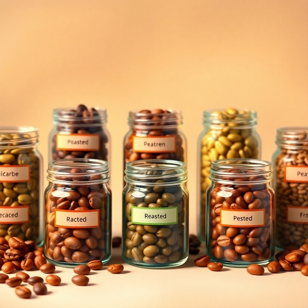 Illustrate a vibrant display of different roasted coffee beans in various small glass jars. Each jar should be labeled, showcasing the different types and their unique colors and textures. The background should be soft and blurred, with warm lighting enhancing the natural colors of the beans. Aim for a high-quality, photorealistic image that captures the diversity and beauty of coffee beans.