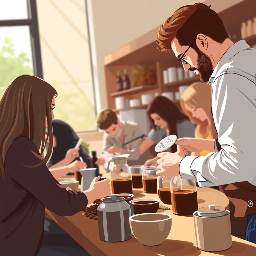 Illustrate an engaging scene of a coffee workshop in progress. Participants should be actively involved in making coffee, with one-on-one guidance from a knowledgeable instructor. The atmosphere should be lively and dynamic, surrounded by coffee-making tools and ingredients. Natural lighting should create a warm and inviting ambiance, aimed for a photorealistic style that captures the enthusiasm for learning about coffee.