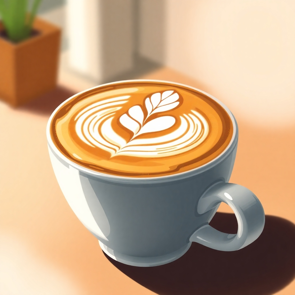 Illustrate an exquisite close-up of a cup of coffee with detailed latte art. The background should be softly blurred to emphasize the coffee's creamy texture and artistry. Use warm tones and natural lighting to create an inviting appearance. The style should be photorealistic, showcasing the beauty of craftsmanship in coffee preparation.