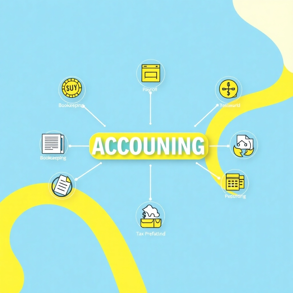 Visualisasi representasi kreatif dari berbagai layanan akuntansi yang ditawarkan ke berbagai jenis bisnis. Gambar harus mencakup infografis bergaya dengan ikon yang mewakili layanan yang berbeda seperti pembukuan, penggajian, dan persiapan pajak. Latar belakang harus bersih dan cerah, menggunakan palet biru dan kuning. Sertakan bentuk abstrak untuk memberinya nuansa modern, dengan sudut kamera berfokus pada infografis sebagai subjek utama, dengan tujuan tampilan berkualitas tinggi dan menarik.
