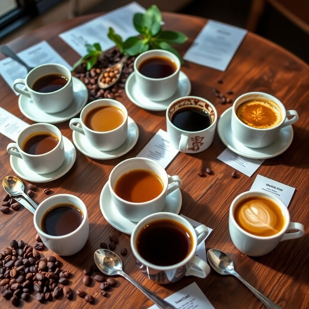 Visualize a table with an array of coffee cups, each showcasing different aromas and tastes. The cups should be arranged artfully, with natural lighting highlighting their colors. Include accessories like tasting spoons, beans, and tasting notes for an educational twist. Aim for a photorealistic image that evokes the diversity of flavors in coffee.