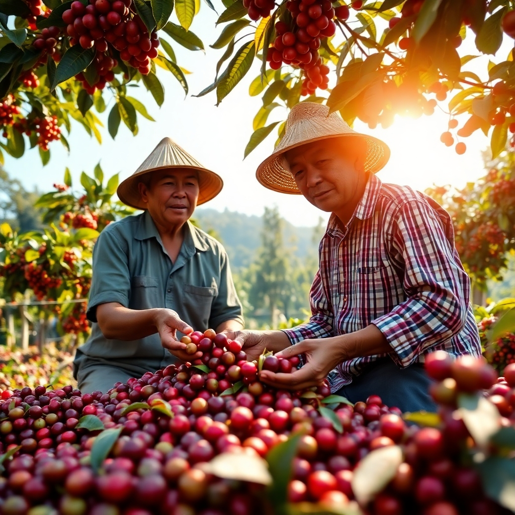 Visualize a traditional coffee farming scene with farmers carefully handpicking coffee cherries under natural sunlight. The image should capture the essence of tradition and craftsmanship. Use earthy tones with bright splashes of red from the cherries. Ensure a photorealistic style that emphasizes the beauty of coffee agriculture.