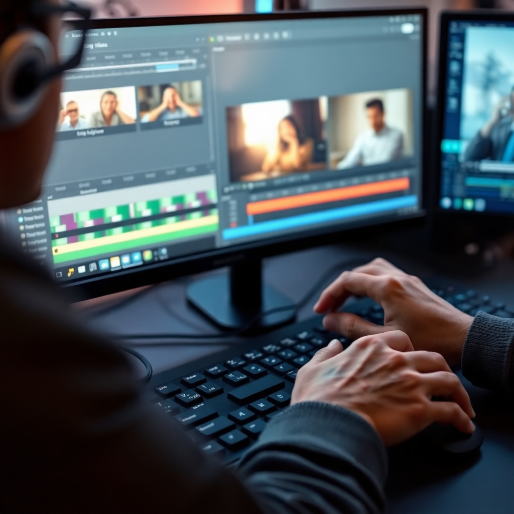 A photorealistic image of a professional film crew setting up on location, capturing the energy and expertise of a high-quality video shoot. The image should show diverse professionals working collaboratively. The lighting should be natural, highlighting the mood on the set. The colors should convey professional competence. The camera angle should provide a broad overview of the collaborative process. The environment should be an actual filming location.  The style should evoke a mood of professional production