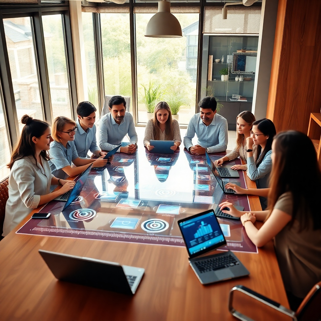 Create a photorealistic 4K image. The scene should show a diverse team of professionals collaborating around a large, interactive table.  The table should project holographic displays, showing various business processes and workflows being optimized by software. The overall color palette should be warm and inviting, with natural light streaming in from a large window. The lighting should be bright, cheerful, and welcoming. The texture details should reflect the materials used, such as wood grain, metal accents, and the smooth surfaces of the tech. The camera angle should be slightly elevated to show the collaborative teamwork. The environment is a modern, bright, and open-plan office.  Relevant props could be laptops, tablets, and smartphones displaying software interfaces. The style is naturalistic and aspirational. The image must convey a sense of collaboration and technological innovation.