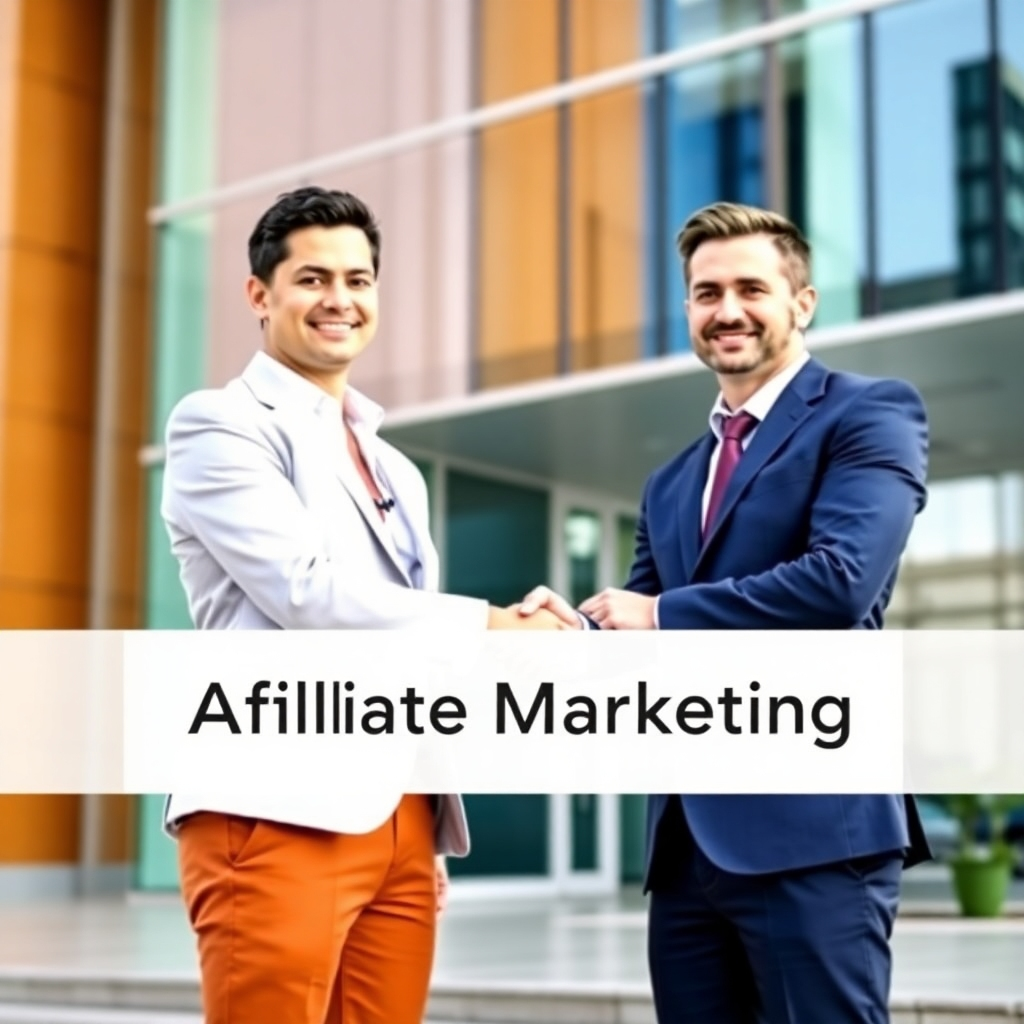 Create an image depicting two businesspeople shaking hands in front of a modern office building, representing a successful business partnership in affiliate marketing. Use a bright and professional color palette.