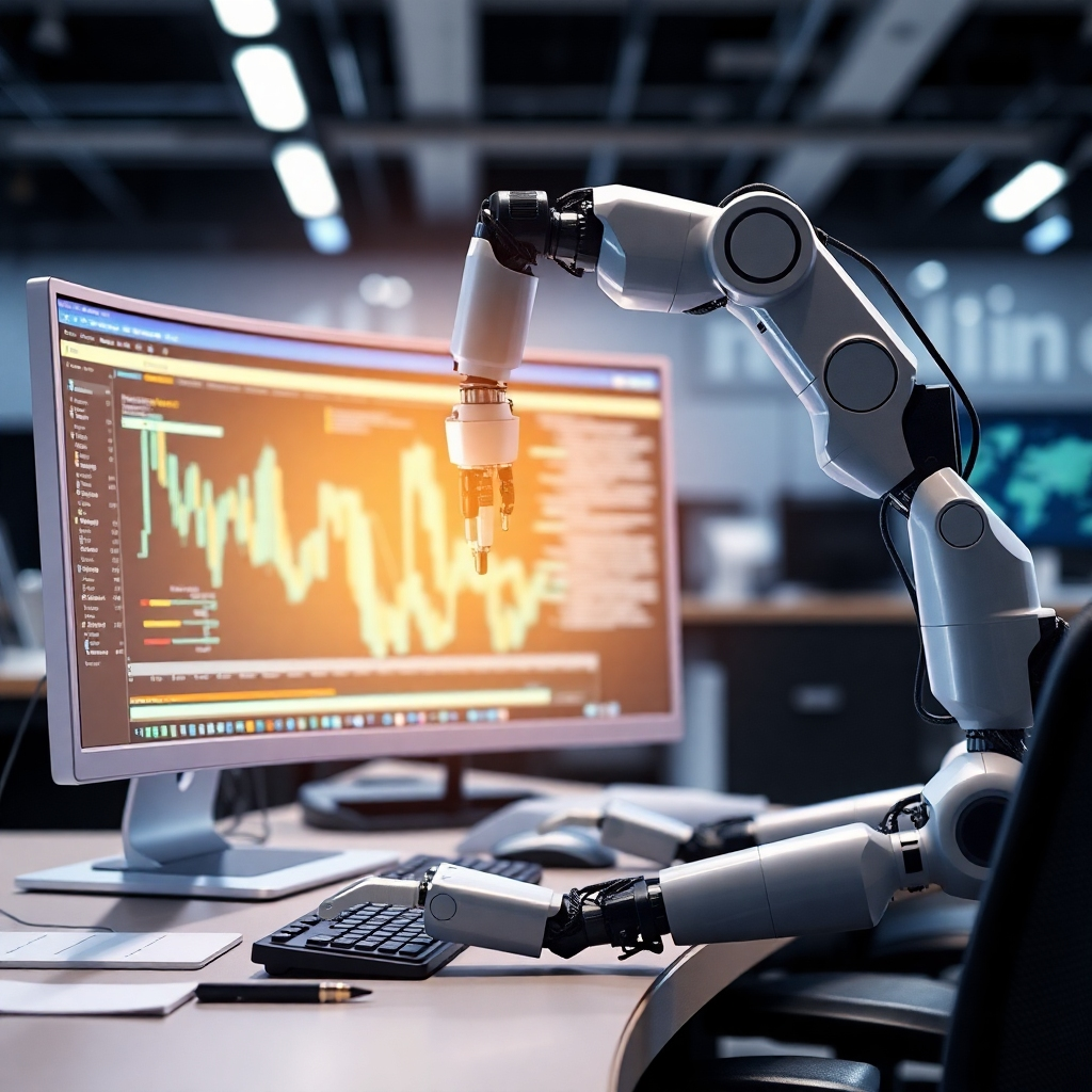 Create an image showing a robot arm interacting with a computer, showcasing automation in a business setting