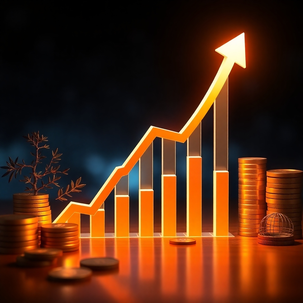 Create an image showing an upward trending sales graph. The scene should evoke feelings of success and financial growth